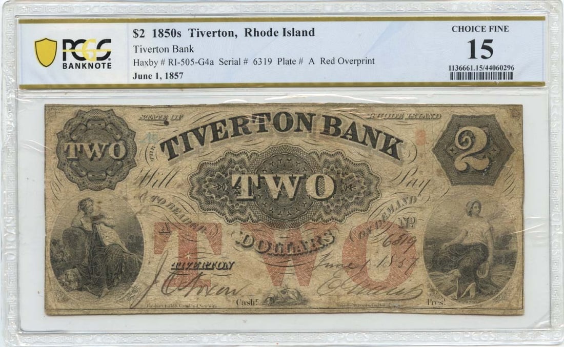 PCGS F15 Tiverton Rhode Island 1857 $2 Bank Note: PCGS F15 Tiverton Rhode Island 1857 $2 Bank Note This is an 1857 $2 obsolete banknote issued by Tiverton Bank in Tiverton, Rhode Island. The note has been certified and graded F15 by PCGS Banknote, in