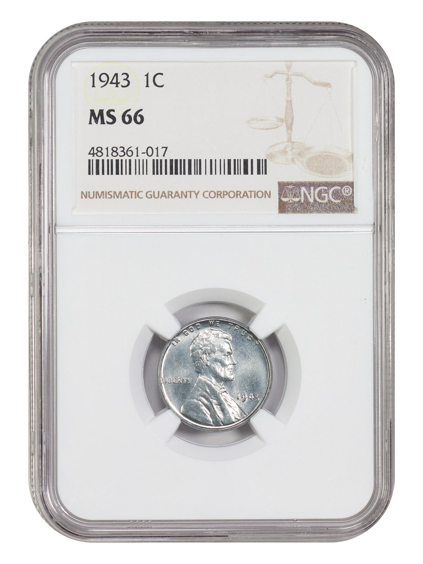 NGC MS66 1943 Lincoln Wheat Cent 1C Philadelphia Steel: NGC MS66 1943 Lincoln Wheat Cent 1C Philadelphia Steel 1943 Lincoln Cent with Wheat Reverse, denominated 1C and struck in Philadelphia. The coin is uncirculated, certified by NGC, and labeled MS66. It