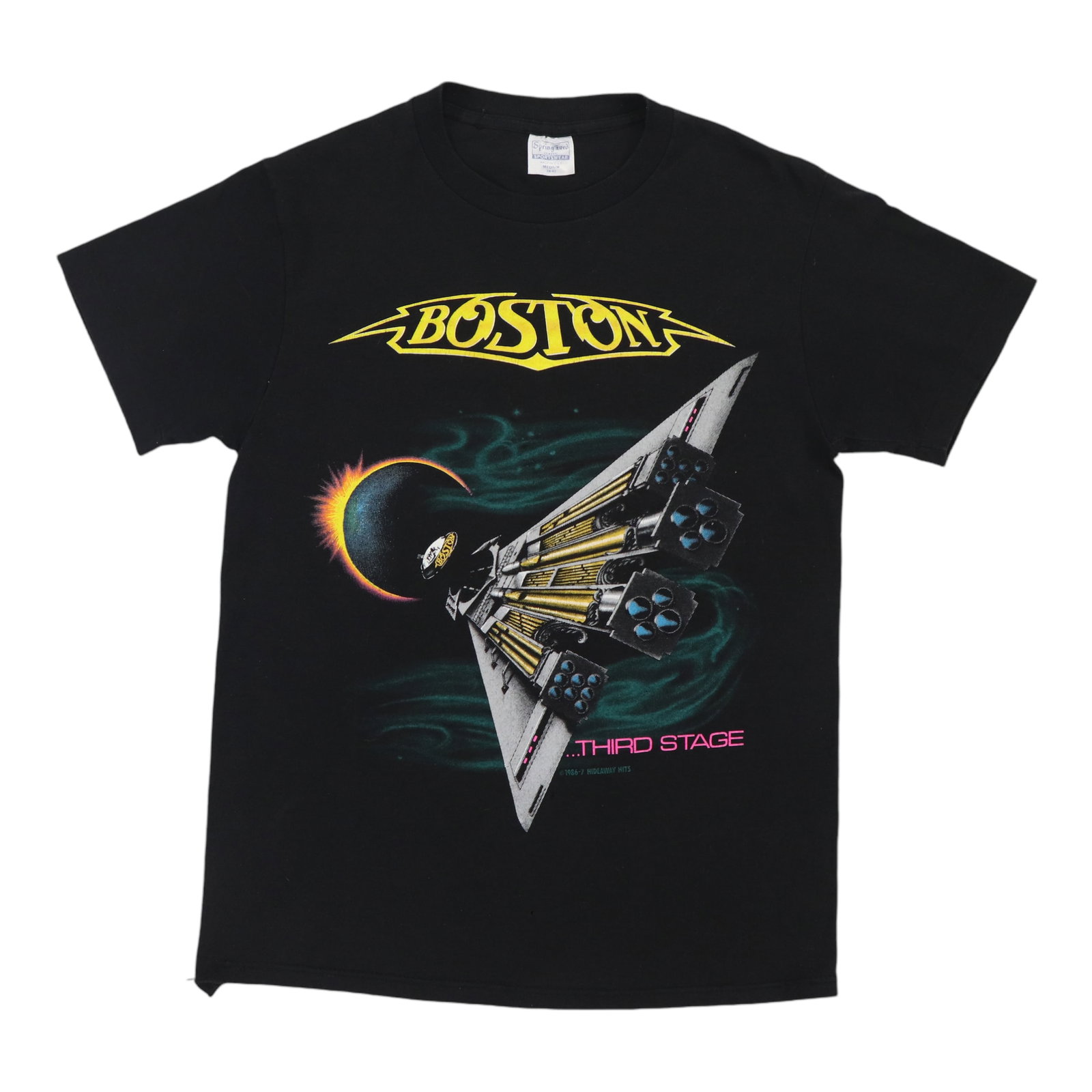 Vintage 1986 Boston Third Stage Concert Tour Black Poly Cotton Shirt: Vintage 1986 Boston Third Stage Concert Tour Black Poly Cotton Shirt This is an original vintage 1986 Boston Third Stage Tour shirt featuring both front and back graphics. The shirt is made from a 50/