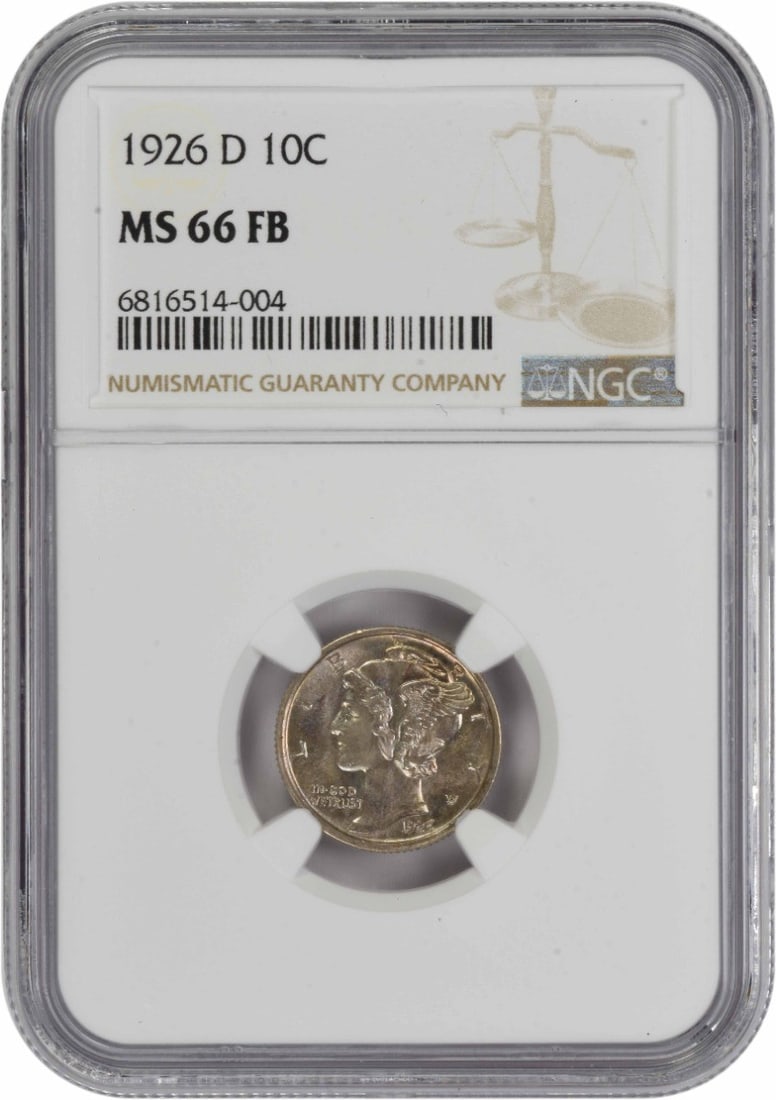 MS66FB NGC Certified 1926-D Mercury Dime Uncirculated 10C Silver Coin: MS66FB NGC Certified 1926-D Mercury Dime Uncirculated 10C Silver Coin This is a 1926-D Mercury Dime graded MS66FB by NGC. Struck in Denver, this uncirculated coin is composed of 90% silver and 10% cop