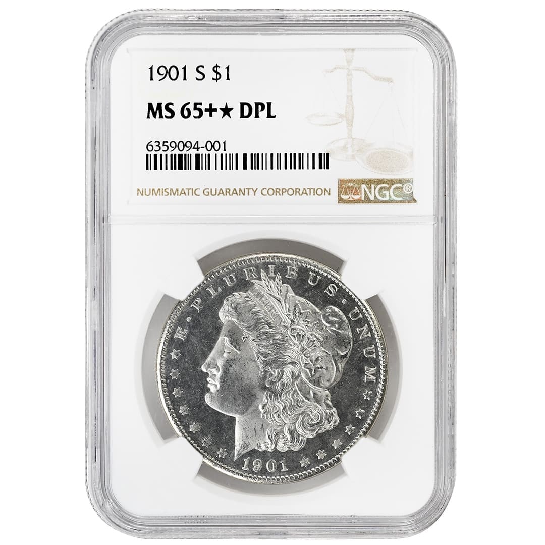 NGC MS65+DPL* 1901-S Morgan Silver Dollar $1: NGC MS65+DPL* 1901-S Morgan Silver Dollar $1 1901-S Morgan Dollar certified by NGC as MS65+DPL*. This uncirculated silver dollar is described as bright white with heavy frosted devices and clean deep 