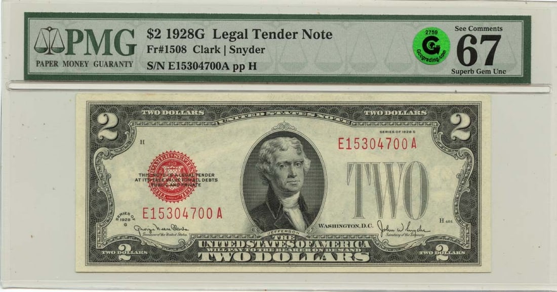 PMG 67 EPQ 1928G $2 United States Legal Tender Note FR#1508: PMG 67 EPQ 1928G $2 United States Legal Tender Note FR#1508 1928G $2 Legal Tender Note, cataloged as FR#1508 and graded PMG Superb Gem 67 EPQ. This pre-owned United States note is listed as uncirculat