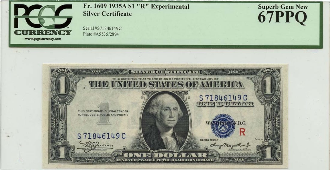 1935A $1 R Experimental Silver Certificate FR#1609 PCGS 67 PPQ: 1935A $1 R Experimental Silver Certificate FR#1609 PCGS 67 PPQ This 1935A $1 R Experimental Note, designated FR#1609, is a remarkable piece for collectors and currency enthusiasts. Certified by PCGS C