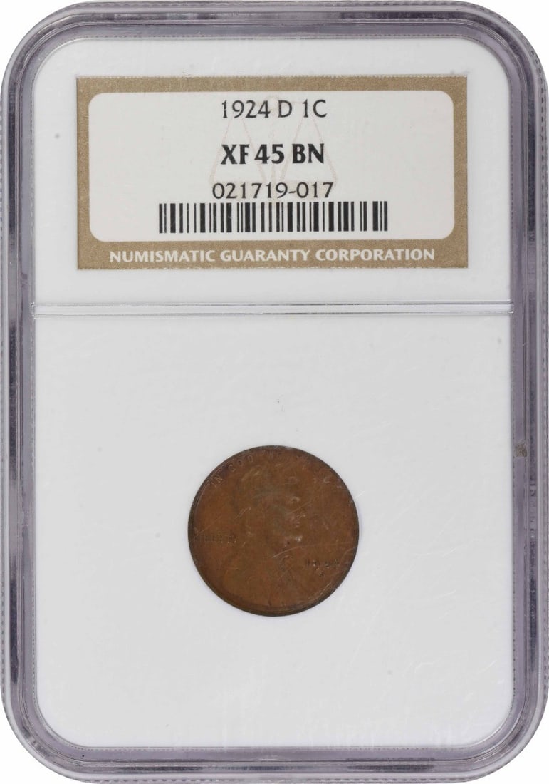 NGC EF45BN 1924 D Lincoln Wheat Small Cent: NGC EF45BN 1924 D Lincoln Wheat Small Cent 1924-D Lincoln Wheat small cent graded EF45BN by NGC. This circulated, pre-owned United States coin is composed of copper. Specifications Year: 1924 Denomina