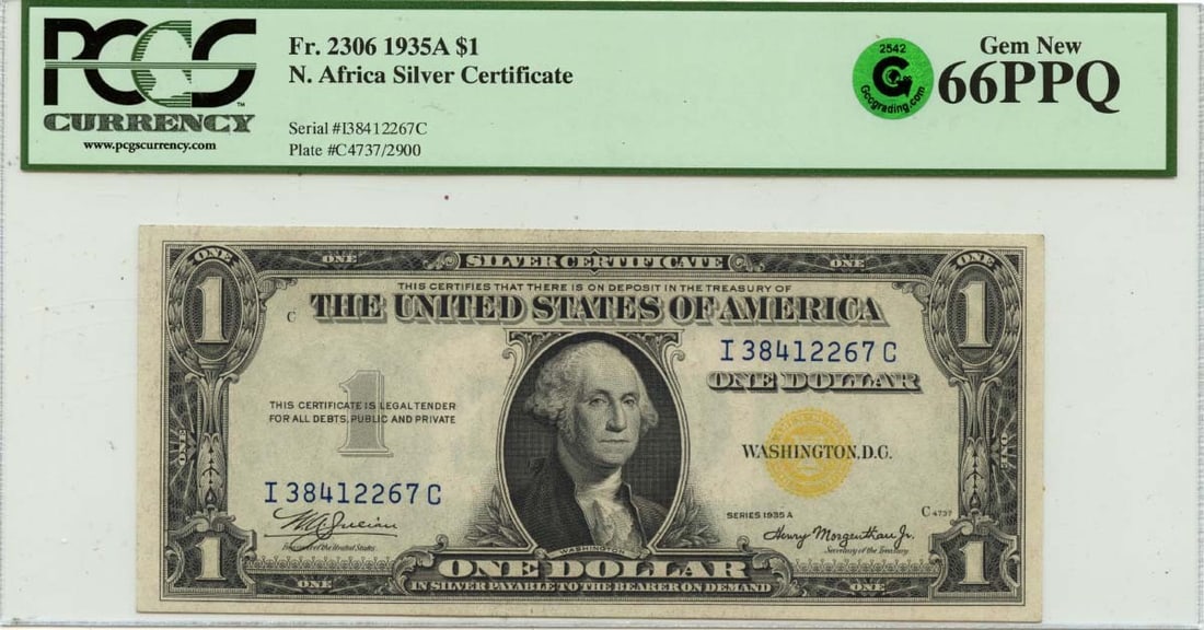 1935A $1 North Africa Silver Certificate PCGS GEM 66 PPQ: 1935A $1 North Africa Silver Certificate PCGS GEM 66 PPQ This 1935A $1 North Africa Silver Certificate is a remarkable piece for collectors. It features a pristine Uncirculated condition with a high g