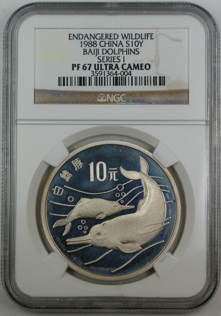 Baiji Dolphins 10 Yuan Silver Coin 1988 NGC PF-67 Ultra Cameo: Baiji Dolphins 10 Yuan Silver Coin 1988 NGC PF-67 Ultra Cameo This is a 1988 China Silver 10 Yuan proof commemorative coin from the Baiji Dolphins Series 1, part of the Endangered Wildlife collection.