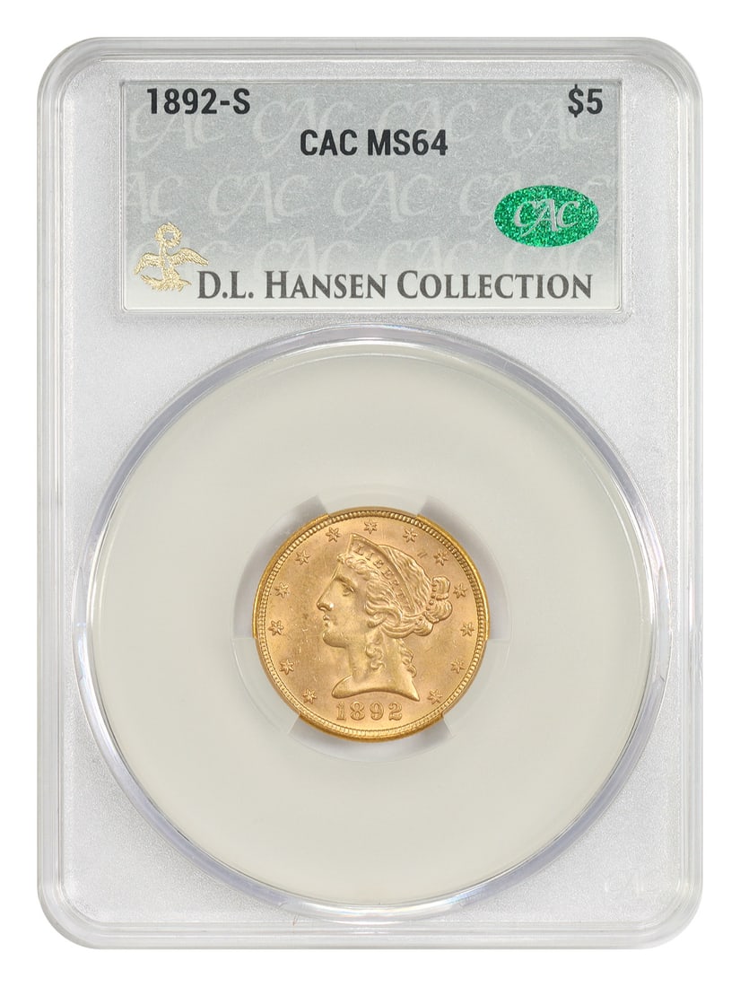 CACG MS64 1892-S Liberty Head $5 Gold Coin ex D.L. Hansen: CACG MS64 1892-S Liberty Head $5 Gold Coin ex D.L. Hansen 1892-S Liberty Head $5 gold coin, certified MS64 by CACG and noted ex: D.L. Hansen. An exceedingly tough coin to find in mid to high uncircula