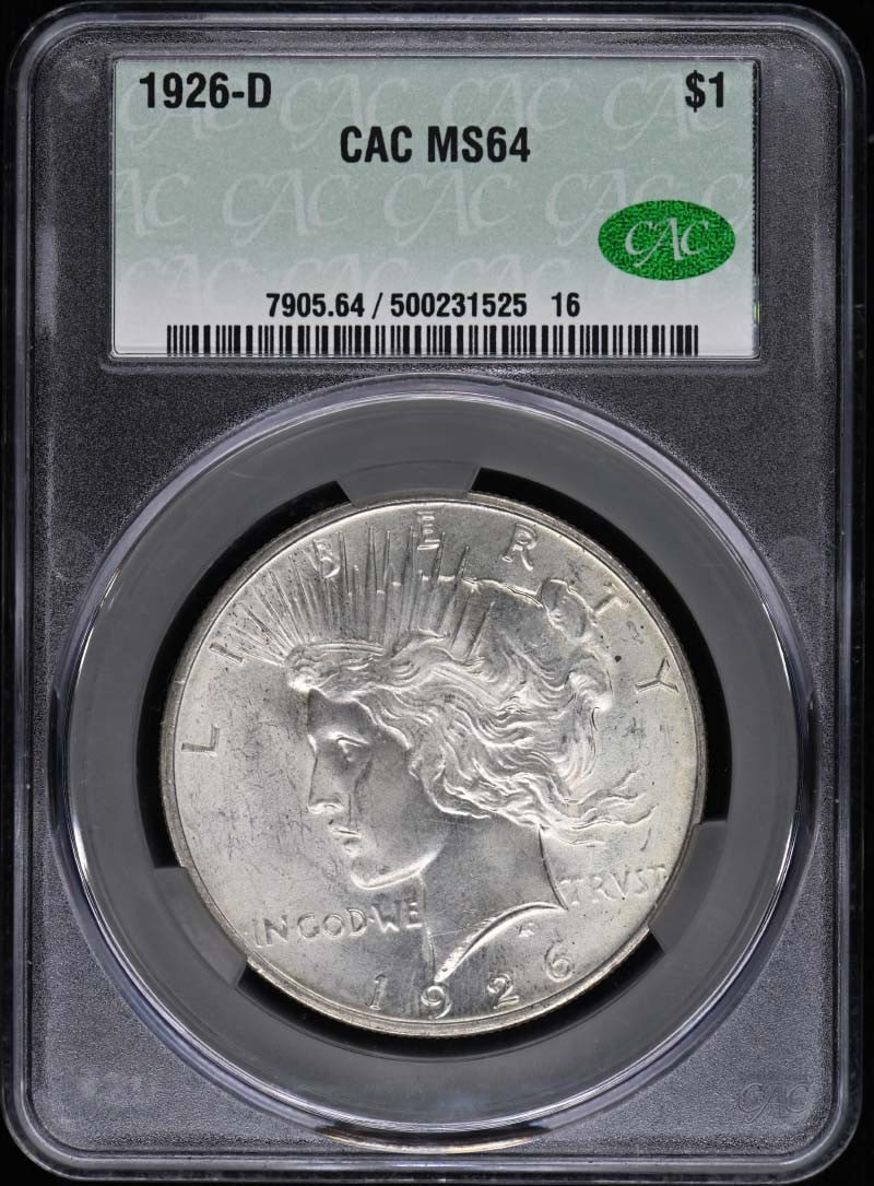 CACG MS64 1926 D Peace Dollar $1 Uncirculated: CACG MS64 1926 D Peace Dollar $1 Uncirculated 1926-D Peace Dollar certified by CACG and graded MS64. This uncirculated, pre-owned United States silver dollar is a Peace Dollar issue from the Denver Mi