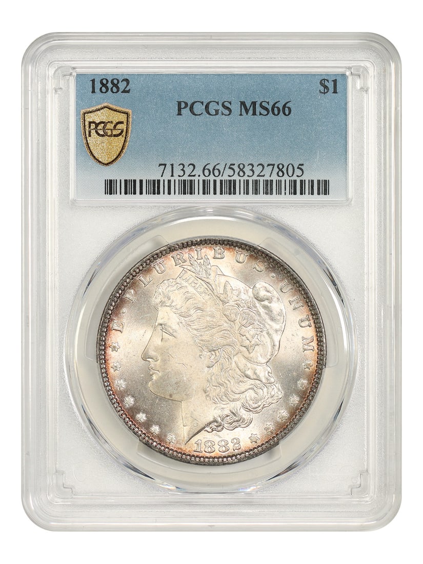 1882 Morgan Silver Dollar PCGS MS66 Philadelphia $1 Coin: 1882 Morgan Silver Dollar PCGS MS66 Philadelphia $1 Coin 1882 Morgan Dollar certified by PCGS in MS66 grade. This uncirculated example is described as a frosty premium gem with pleasing luster and eye