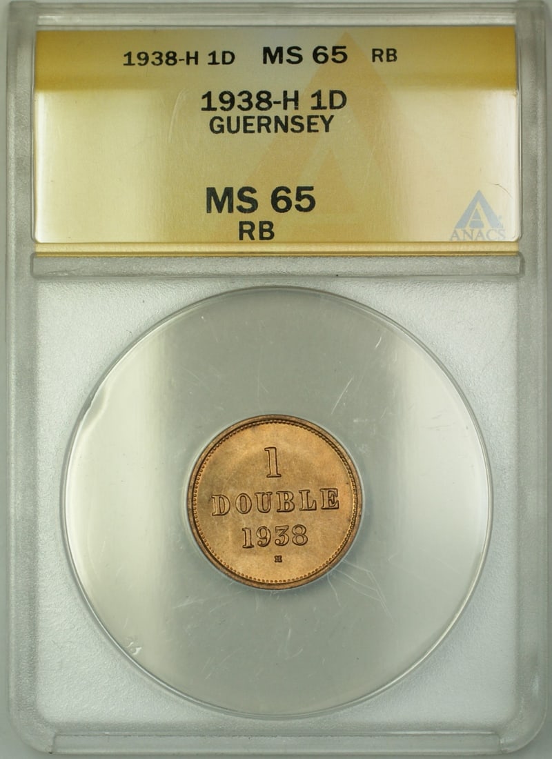 ANACS MS-65 RB 1938-H Guernsey 1D Copper Double Coin Red Brown Uncirculated: ANACS MS-65 RB 1938-H Guernsey 1D Copper Double Coin Red Brown Uncirculated This is a 1938-H Guernsey 1D Double copper coin, graded MS-65 RB (Red-Brown Gem BU) by ANACS. The coin is uncirculated and c