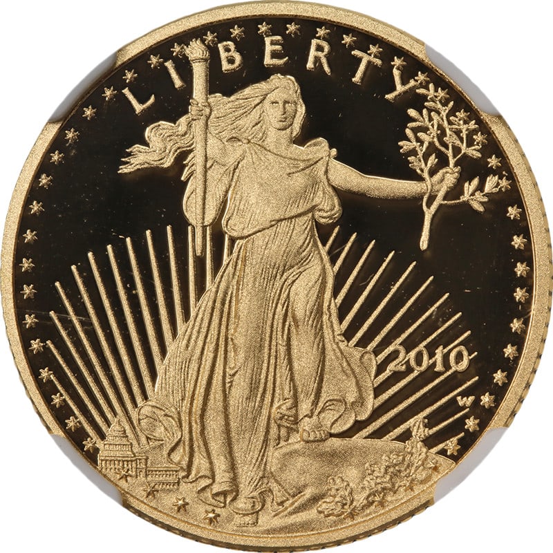 2010 W $10 Gold American Eagle Proof NGC PF70 Ultra Cameo: 2010 W $10 Gold American Eagle Proof NGC PF70 Ultra Cameo This 2010-W Gold American Eagle $10 Proof coin is graded by NGC as PF70 Ultra Cameo, indicating a flawless proof coin with exceptional eye app