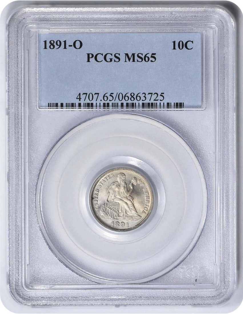 PCGS MS65 1891-O Seated Liberty 10C Silver Dime: PCGS MS65 1891-O Seated Liberty 10C Silver Dime This is an 1891 Liberty Seated Silver Dime from the United States, designed by Christian Gobrecht. The coin is composed of 90% silver and 10% copper, ha