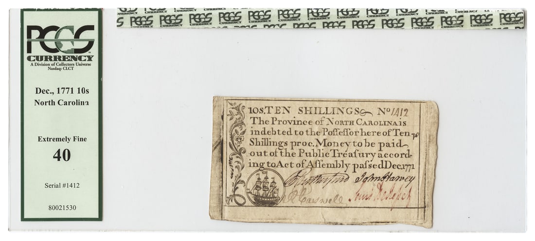 North Carolina Colonial Currency FR. NC-138 10 Shillings PCGS XF40: North Carolina Colonial Currency FR. NC-138 10 Shillings PCGS XF40 North Carolina Colonial Currency note with a 10 Shillings denomination, dated December 1771. This circulated example is certified by 