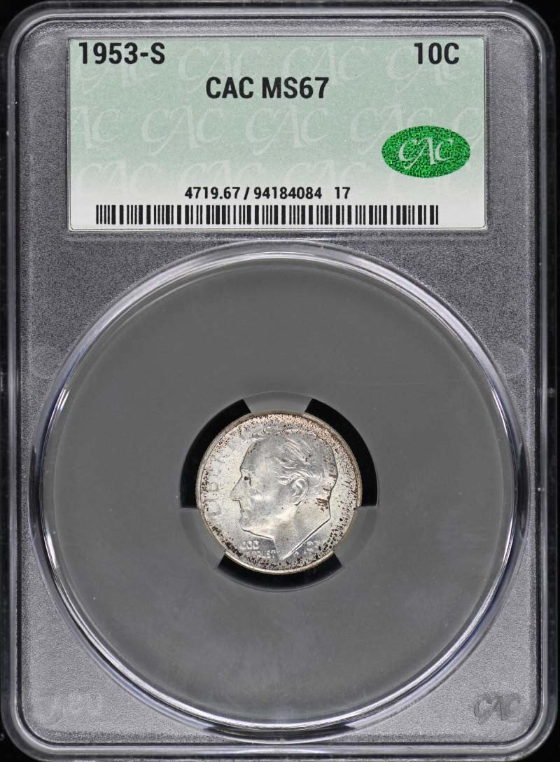 1953-S Roosevelt Dime CACG MS67 Uncirculated: 1953-S Roosevelt Dime CACG MS67 Uncirculated This 1953-S Roosevelt Dime is an exceptional piece, graded MS67 by CACG, indicating it is in uncirculated condition. Minted in San Francisco, this coin is 