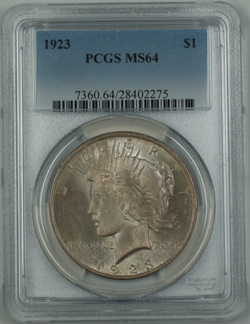 1923 PCGS MS64 Toned Peace Silver Dollar: 1923 PCGS MS64 Toned Peace Silver Dollar This is a 1923 Silver Peace Dollar coin graded MS-64 by PCGS. The coin is uncirculated and features attractive toning. It was minted in Philadelphia and is com