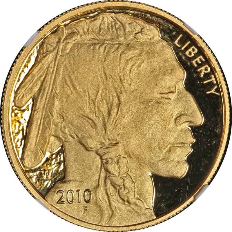 NGC PF70 Ultra Cameo 2010-W $50 Gold Buffalo Brown Label Coin: NGC PF70 Ultra Cameo 2010-W $50 Gold Buffalo Brown Label Coin This is an original 2010-W Buffalo Gold $50 coin from the United States, composed of 0.9999 fine gold. The coin has been certified by NGC 