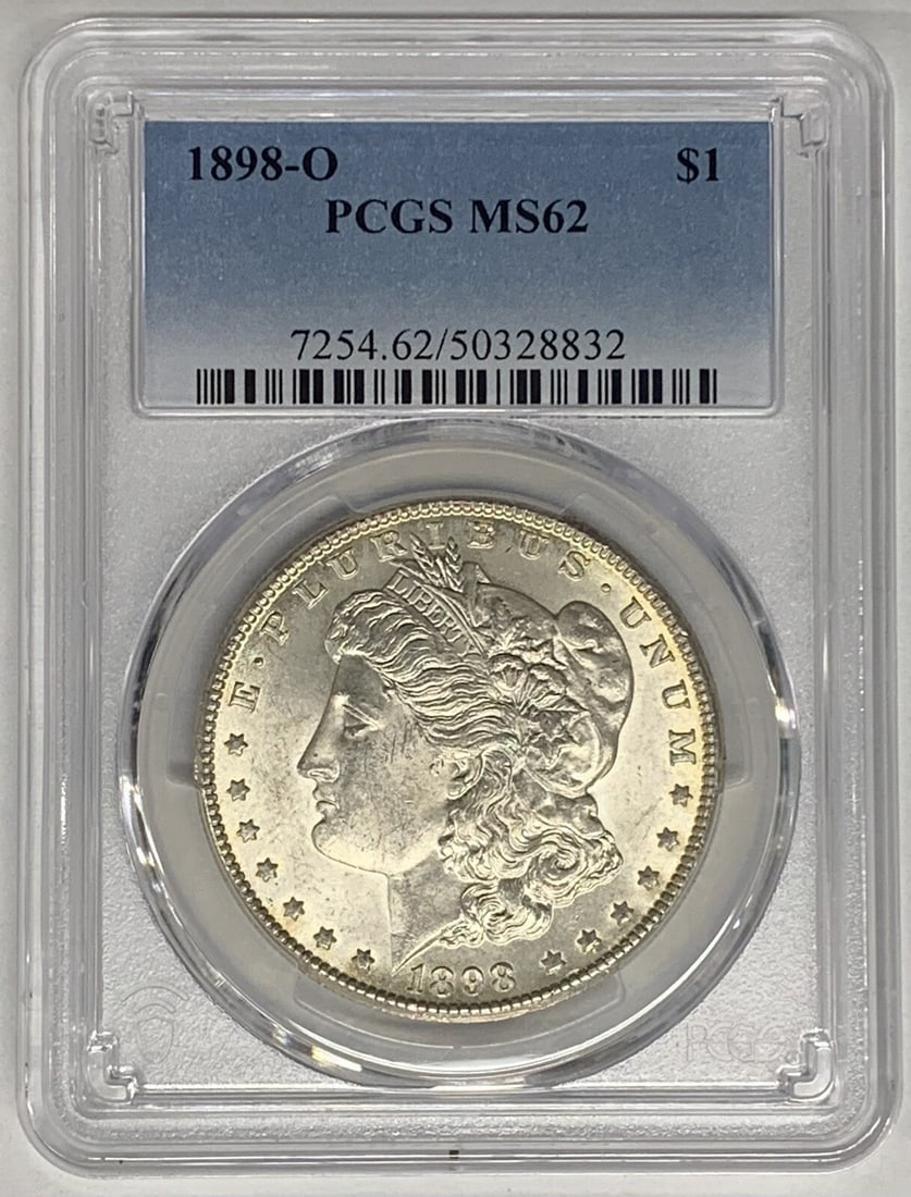 PCGS MS 62 1898-O Morgan Dollar Uncirculated Silver Coin: PCGS MS 62 1898-O Morgan Dollar Uncirculated Silver Coin This is an 1898-O Morgan Silver Dollar coin certified by PCGS with a grade of MS 62. The coin is uncirculated and composed of silver, originati