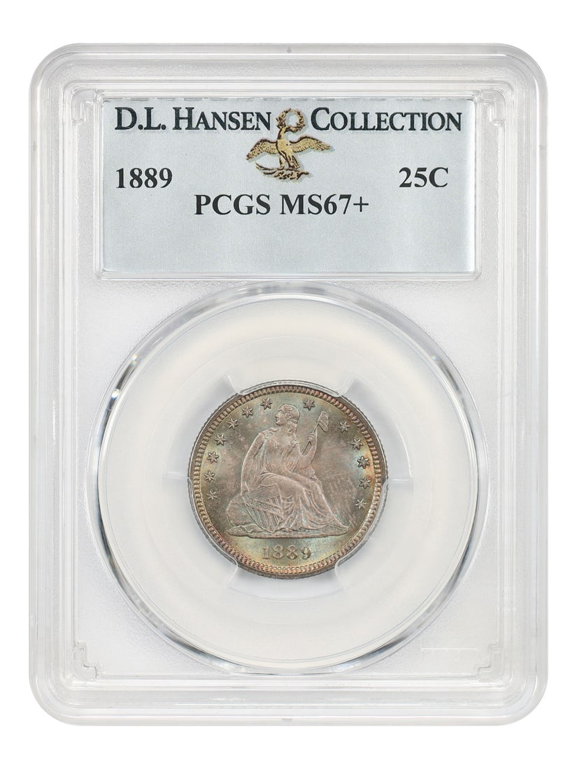 Liberty Seated Quarter 1889 25C PCGS MS67+ ex D.L. Hansen: Liberty Seated Quarter 1889 25C PCGS MS67+ ex D.L. Hansen 1889 Liberty Seated Quarter certified by PCGS as MS67+ and pedigreed ex: D.L. Hansen. This uncirculated example comes from a low mintage of 12