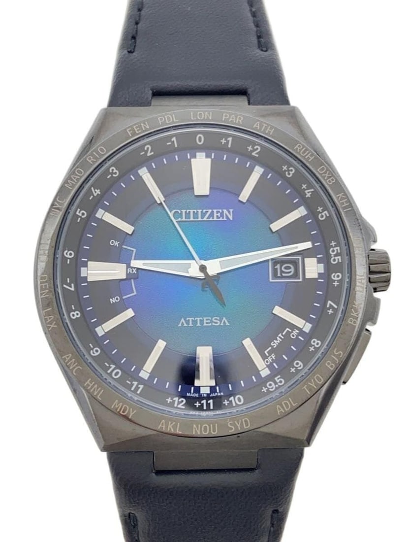 Citizen Attesa Blue Leather World Time Men's Wristwatch: Citizen Attesa Blue Leather World Time Men's Wristwatch This CITIZEN ATTESA ACT Line World Time H145-A19D101 men's wristwatch features a blue dial and a leather band. Made in Japan, it is a pre-owned 