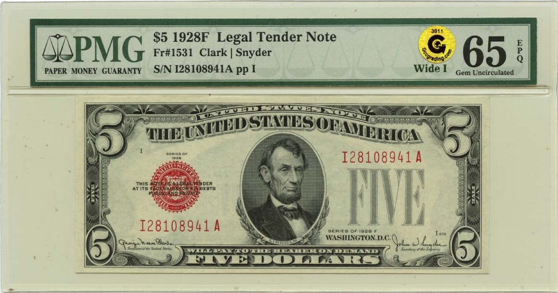 PMG Graded 1928F Five Dollar Legal Tender Note FR1531 GEM 65 EPQ: PMG Graded 1928F Five Dollar Legal Tender Note FR1531 GEM 65 EPQ This 1928F $5 Legal Tender Note, designated as FR#1531 Wide I, is graded GEM 65 EPQ by PMG. The note is uncirculated and comes from the