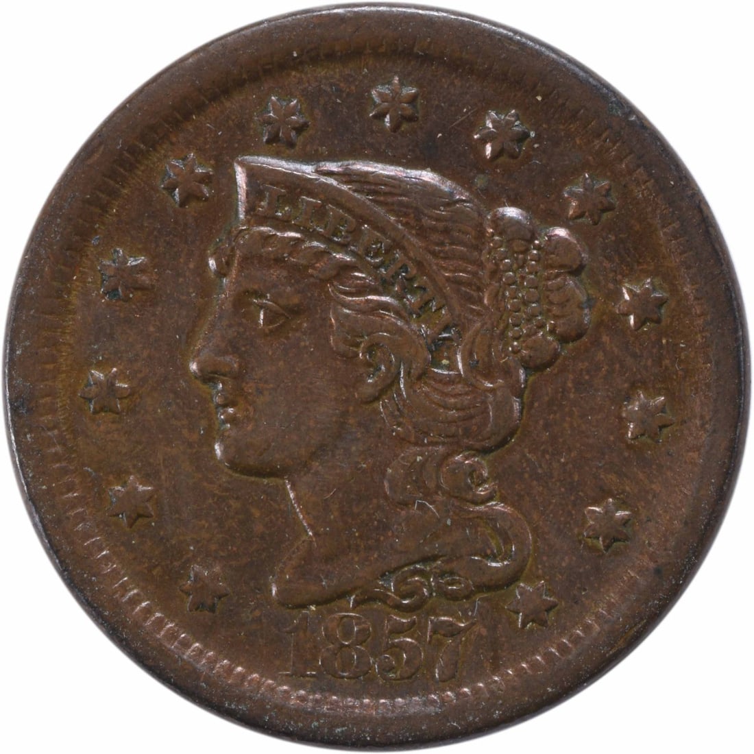 1857 Large Cent AU Braided Hair Copper Coin Philadelphia: 1857 Large Cent AU Braided Hair Copper Coin Philadelphia This 1857 Large Cent features a Large Date design and is graded as AU (About Uncirculated). Minted in Philadelphia, this coin showcases the ico