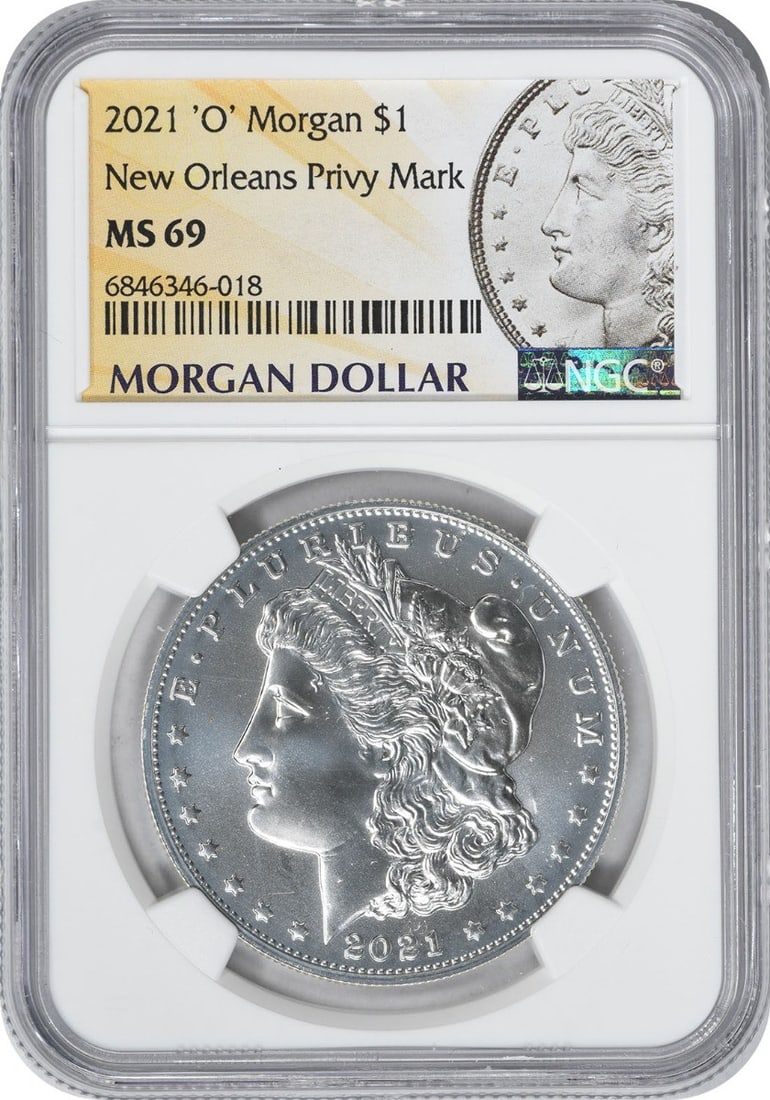 2021-O Privy Morgan Silver Dollar MS69 NGC Uncirculated Coin: 2021-O Privy Morgan Silver Dollar MS69 NGC Uncirculated Coin This 2021-O Privy Morgan Silver Dollar is a stunning example of numismatic artistry, featuring the iconic design by George T. Morgan. Grade
