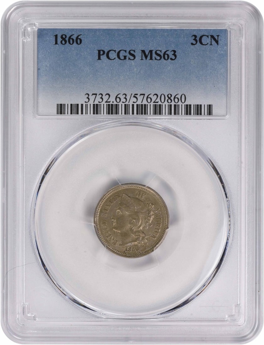 1866 PCGS Certified Three Cent Nickel MS63 Coin: 1866 PCGS Certified Three Cent Nickel MS63 Coin This remarkable 1866 Three Cent Nickel is graded MS63 by PCGS, showcasing its uncirculated condition. Minted in Philadelphia, this coin features a compo