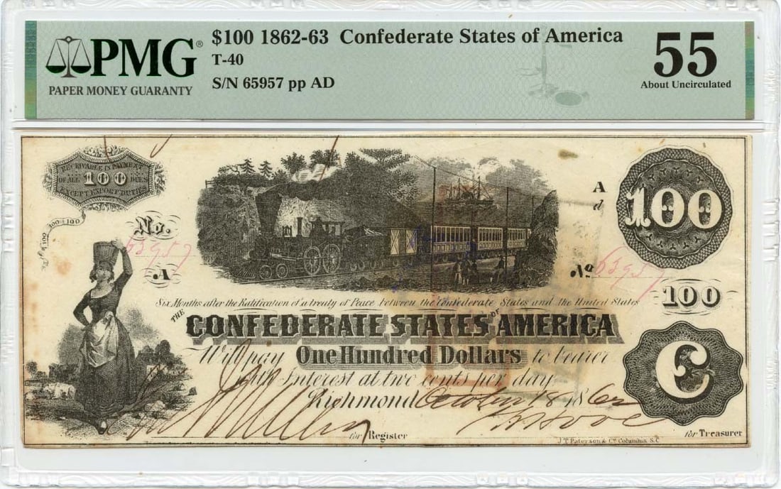 PMG AU55 1862 Confederate States of America 100 Dollars T-40 Note: PMG AU55 1862 Confederate States of America 100 Dollars T-40 Note 1862 Confederate States of America T-40 $100 note graded PMG AU55. This pre-owned note is listed as circulated and includes its PMG ce