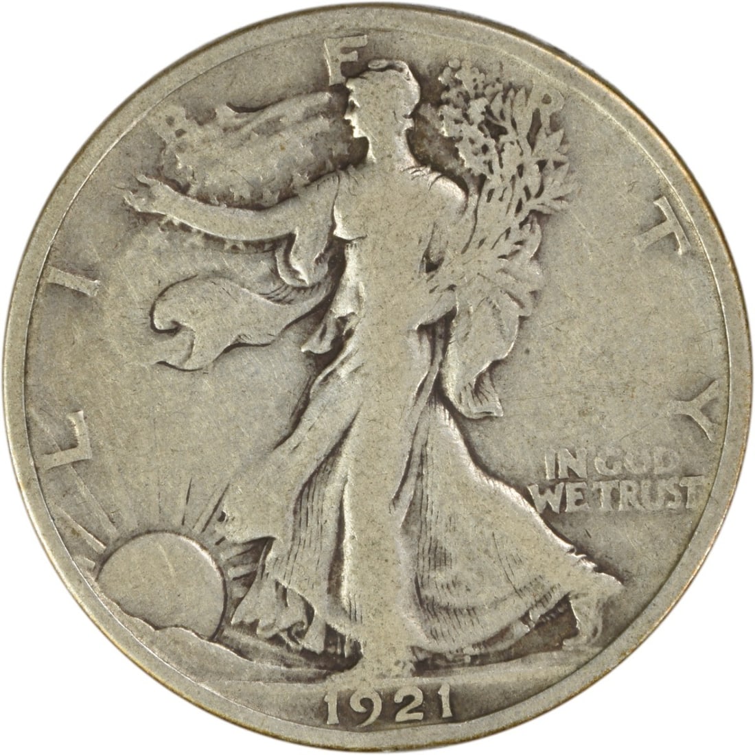 1921 Liberty Walking Half Dollar Silver Coin Philadelphia Uncertified F Grade: 1921 Liberty Walking Half Dollar Silver Coin Philadelphia Uncertified F Grade This 1921 Walking Liberty Half Dollar is a circulated coin from the Philadelphia Mint, designed by Adolph Alexander Weinma