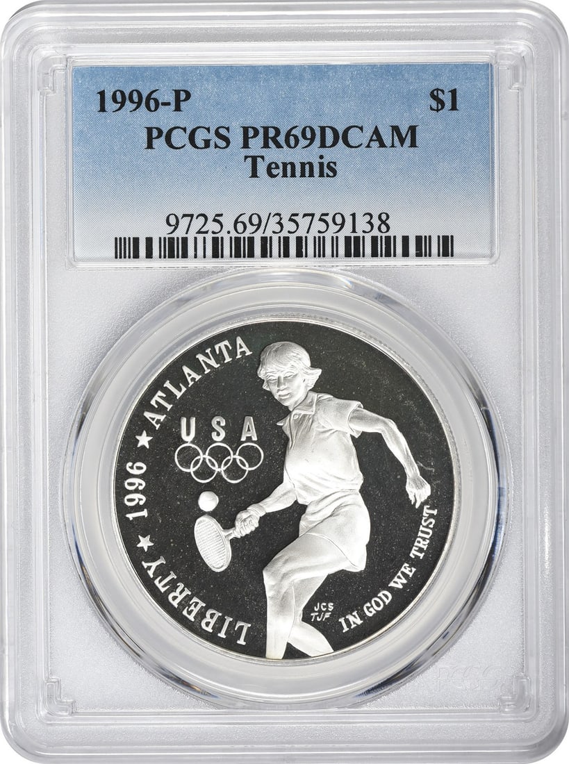 PCGS PR69 Proof 1996 Olympic Tennis Silver Dollar Philadelphia Mint: PCGS PR69 Proof 1996 Olympic Tennis Silver Dollar Philadelphia Mint This 1996-P Tennis Olympic Silver Commemorative Dollar is a proof coin graded PR69DCAM by PCGS. Struck in Philadelphia, it commemora