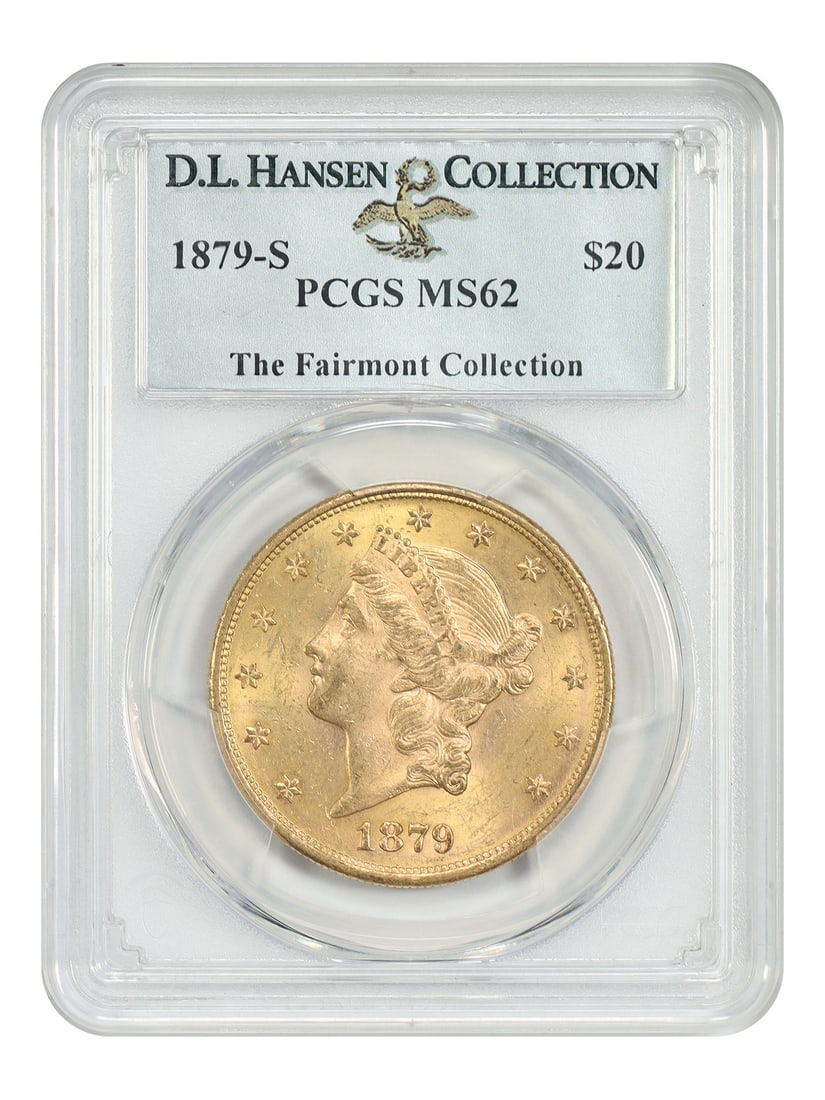 PCGS MS62 1879-S Liberty Head $20 Gold Coin ex D.L. Hansen: PCGS MS62 1879-S Liberty Head $20 Gold Coin ex D.L. Hansen 1879-S Liberty Head $20 gold coin graded PCGS MS62. This San Francisco issue is described as an underrated date for Mint State examples, with