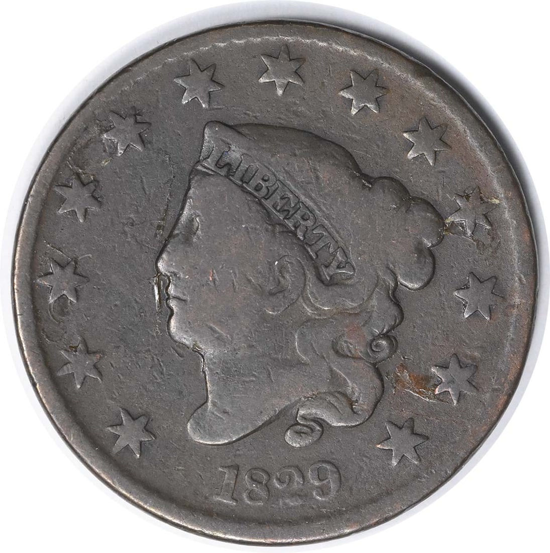 1829 Coronet Head Copper Large Cent VG Uncertified: 1829 Coronet Head Copper Large Cent VG Uncertified This 1829 Large Cent is a Coronet Head type with medium letters, variety N-3. The coin is composed of copper, bears no mint mark, and is graded VG (V