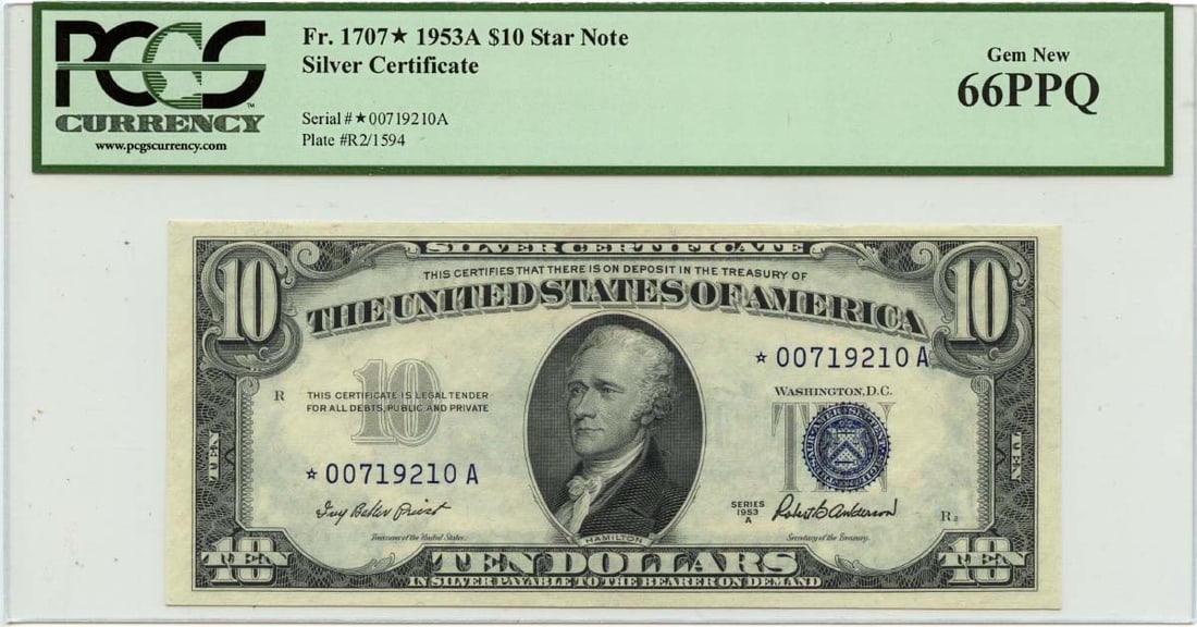 1953A $10 Silver Certificate Fr# 1707* PCGS GEM 66 PPQ: 1953A $10 Silver Certificate Fr# 1707* PCGS GEM 66 PPQ This 1953A $10 Silver Certificate, designated as Fr# 1707*, is a remarkable addition for currency collectors. Certified by PCGS Currency with a c