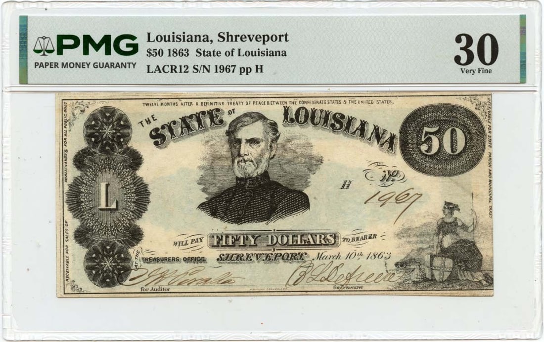 PMG VF30 1863 Louisiana State of Louisiana Shreveport $50 Obsolete Note: PMG VF30 1863 Louisiana State of Louisiana Shreveport $50 Obsolete Note 1863 State of Louisiana obsolete note from Shreveport, graded PMG VF30. This pre-owned note is a circulated example and is ident