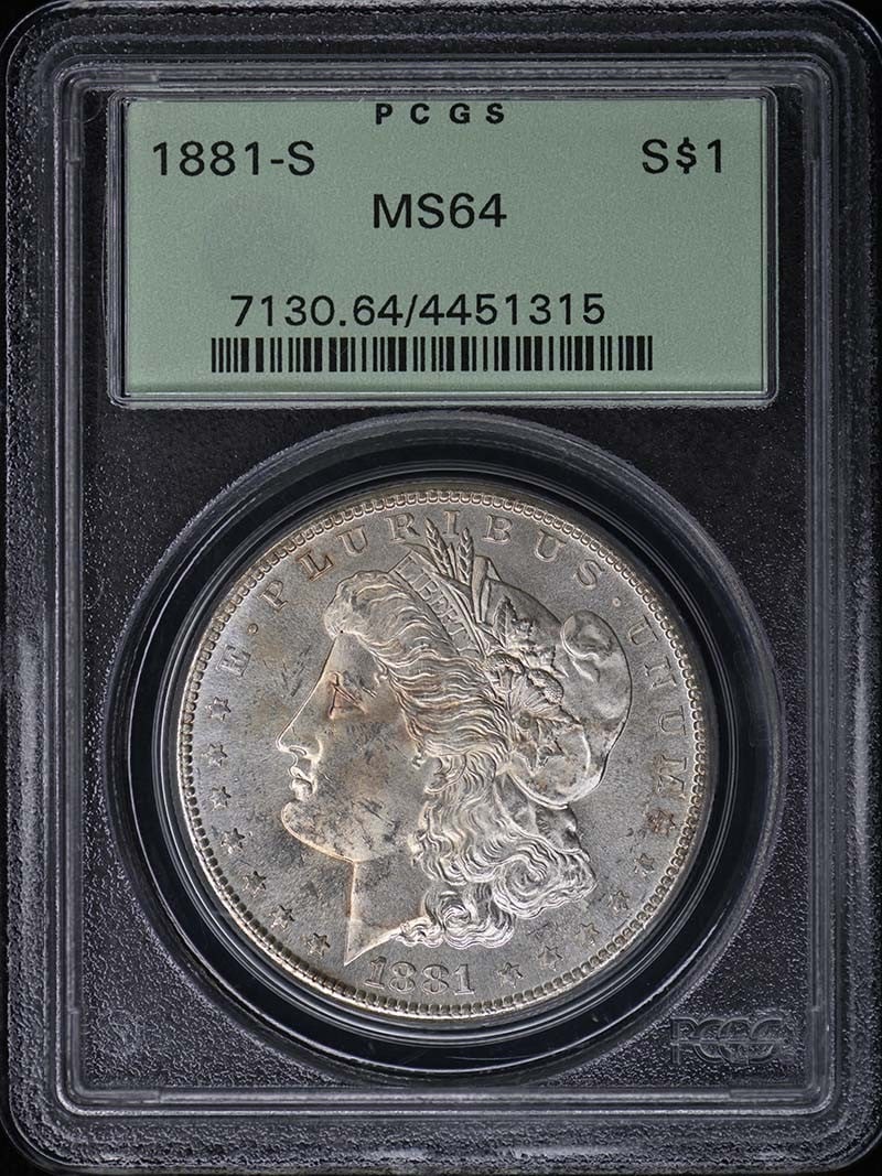 PCGS MS64 1881-S Morgan Silver Dollar: PCGS MS64 1881-S Morgan Silver Dollar This 1881-S Morgan Dollar is an uncirculated coin graded MS64 by PCGS. Minted in San Francisco, it is a pre-owned piece from the United States, featuring the clas