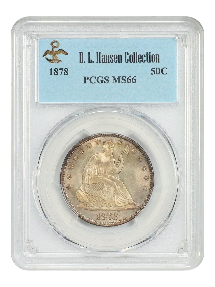 Liberty Seated Half Dollar 1878 50C PCGS MS66 ex D.L. Hansen: Liberty Seated Half Dollar 1878 50C PCGS MS66 ex D.L. Hansen 1878 Liberty Seated Half Dollar certified by PCGS as MS66. This uncirculated example is noted as ex: D.L. Hansen. PCGS reports just three f