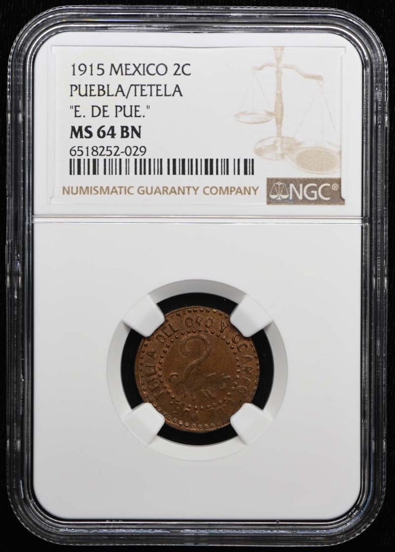 Mexico 1915 Puebla Tetela 2C Coin NGC MS64BN KM-761 GB-396: Mexico 1915 Puebla Tetela 2C Coin NGC MS64BN KM-761 GB-396 1915 Mexico Puebla/Tetela 2 centavos coin certified by NGC and graded MS64BN. This pre-owned example is listed as uncirculated. Specification