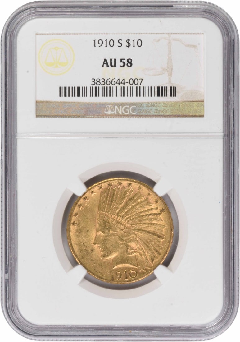 NGC AU58 1910-S $10 Indian Head Gold Eagle: NGC AU58 1910-S $10 Indian Head Gold Eagle 1910-S $10 Gold Indian coin certified by NGC and graded AU58. This pre-1933 United States issue is composed of gold and is listed as circulated/pre-owned. Th