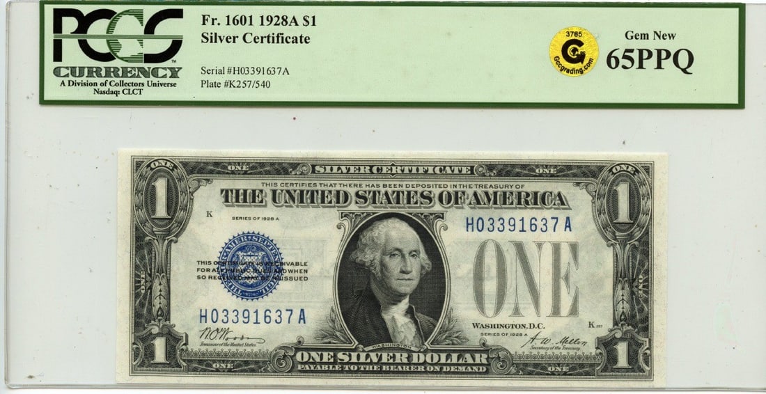 1928A $1 Silver Certificate Fr#1601 PCGS GEM 65 PPQ: 1928A $1 Silver Certificate Fr#1601 PCGS GEM 65 PPQ This 1928A $1 Silver Certificate, designated as Fr#1601, is graded by PCGS as GEM 65 PPQ, indicating it is in uncirculated condition. The note featu