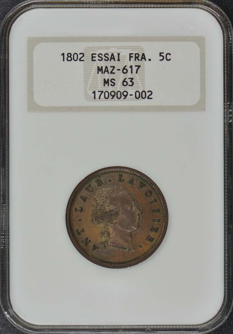 1802 ESSAI France Coin NGC MS63 Certified Top Pop: 1802 ESSAI France Coin NGC MS63 Certified Top Pop This 1802 ESSAI coin from France is a remarkable collectible, graded MS63 by NGC, indicating its high quality and excellent condition. The coin is unc