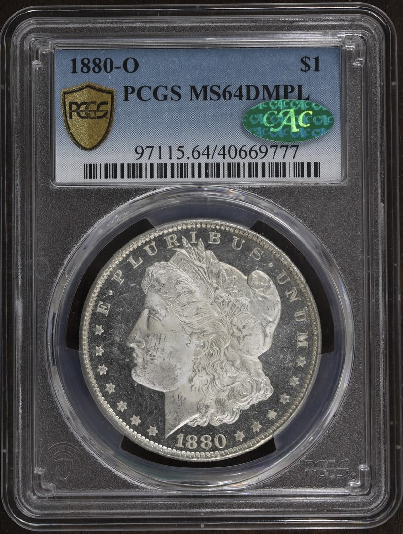PCGS MS64 DMPL CAC 1880 O Morgan Silver Dollar $1: PCGS MS64 DMPL CAC 1880 O Morgan Silver Dollar $1 1880-O Morgan Silver Dollar graded MS64 DMPL by PCGS. This pre-owned United States coin is composed of silver with 0.9 fineness and carries a $1 denom