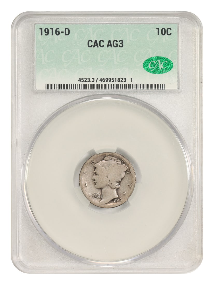CACG AG03 1916-D Mercury Dime 10C Key Date Coin: CACG AG03 1916-D Mercury Dime 10C Key Date Coin A circulated 1916-D Mercury Dime, certified by CACG and graded AG03. This popular key date coin is a desirable example from the series and is offered in