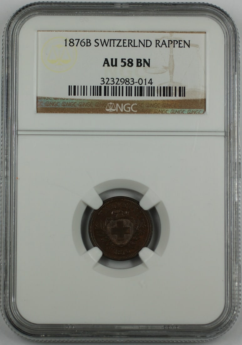 Bronze Switzerland 1 Rappen 1876-B NGC AU-58 Certified Coin: Bronze Switzerland 1 Rappen 1876-B NGC AU-58 Certified Coin This is an un-used 1876-B Switzerland 1 Rappen coin certified by NGC with a grade of AU-58 Brown. The coin is composed of bronze and feature