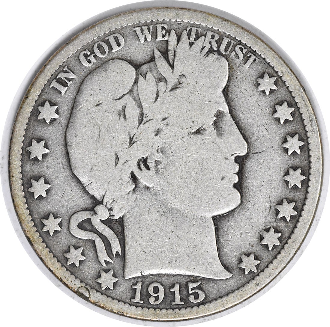 1915 United States Barber 50C Silver Half Dollar VG Uncertified: 1915 United States Barber 50C Silver Half Dollar VG Uncertified 1915 Barber Half Dollar coin from the United States. This pre-owned coin is circulated and uncertified, with a VG grade and silver compo