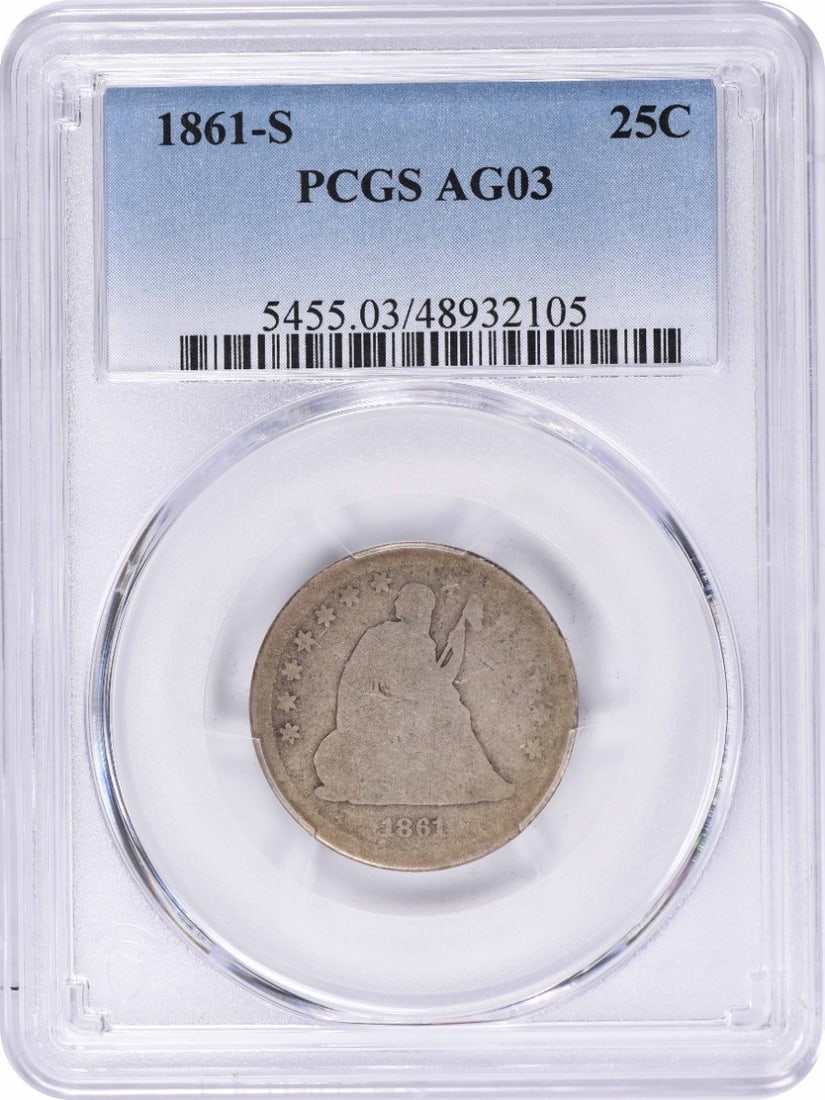 PCGS AG03 1861-S Seated Liberty Silver 25C Quarter: PCGS AG03 1861-S Seated Liberty Silver 25C Quarter 1861-S Liberty Seated Silver Quarter graded AG03 by PCGS. This circulated pre-owned coin is a United States 25C Seated Liberty quarter struck in silv