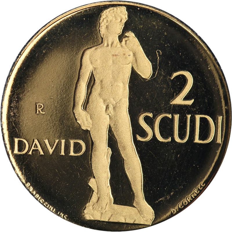 1997 San Marino 2 Scudi Gold Proof Coin Michelangelo David 0.9 Fineness: 1997 San Marino 2 Scudi Gold Proof Coin Michelangelo David 0.9 Fineness This is a 1997 San Marino 2 Scudi gold coin featuring Michelangelo's David, struck in proof quality with 90.0% gold fineness. Th