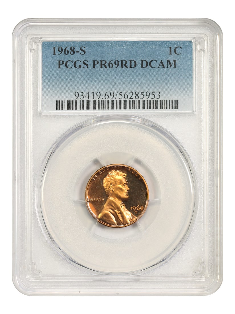 PCGS PR69DCAM 1968-S Lincoln Cent 1C Modern Proof: PCGS PR69DCAM 1968-S Lincoln Cent 1C Modern Proof 1968-S Lincoln Cent (Modern) certified by PCGS as PR69DCAM. This uncirculated example is described as a tied finest known example with flashy fields a