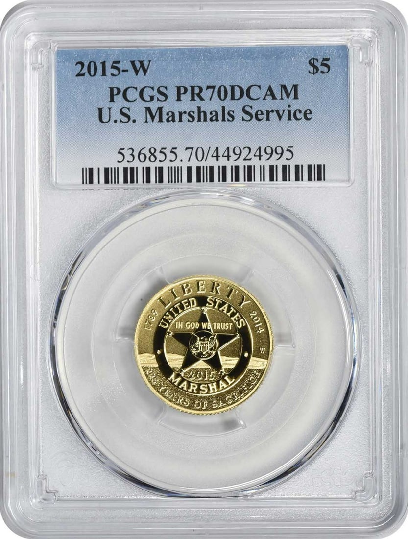 2015-W U.S. Marshals Service $5 Gold Proof PCGS PR70DCAM: 2015-W U.S. Marshals Service $5 Gold Proof PCGS PR70DCAM This 2015-W U.S. Marshals Service Commemorative $5 gold coin is a proof strike, graded PR70DCAM by PCGS. Uncirculated and in pre-owned conditio