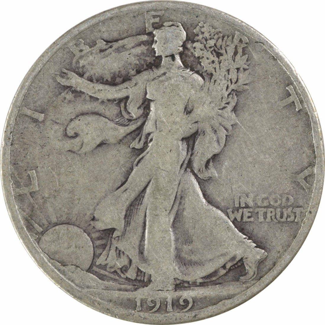 1919-D Walking Liberty Half Dollar 90% Silver VG Uncertified: 1919-D Walking Liberty Half Dollar 90% Silver VG Uncertified This 1919-D Walking Liberty Silver Half Dollar features a classic design by Adolph Alexander Weinman. Struck at the Denver Mint, this coin 