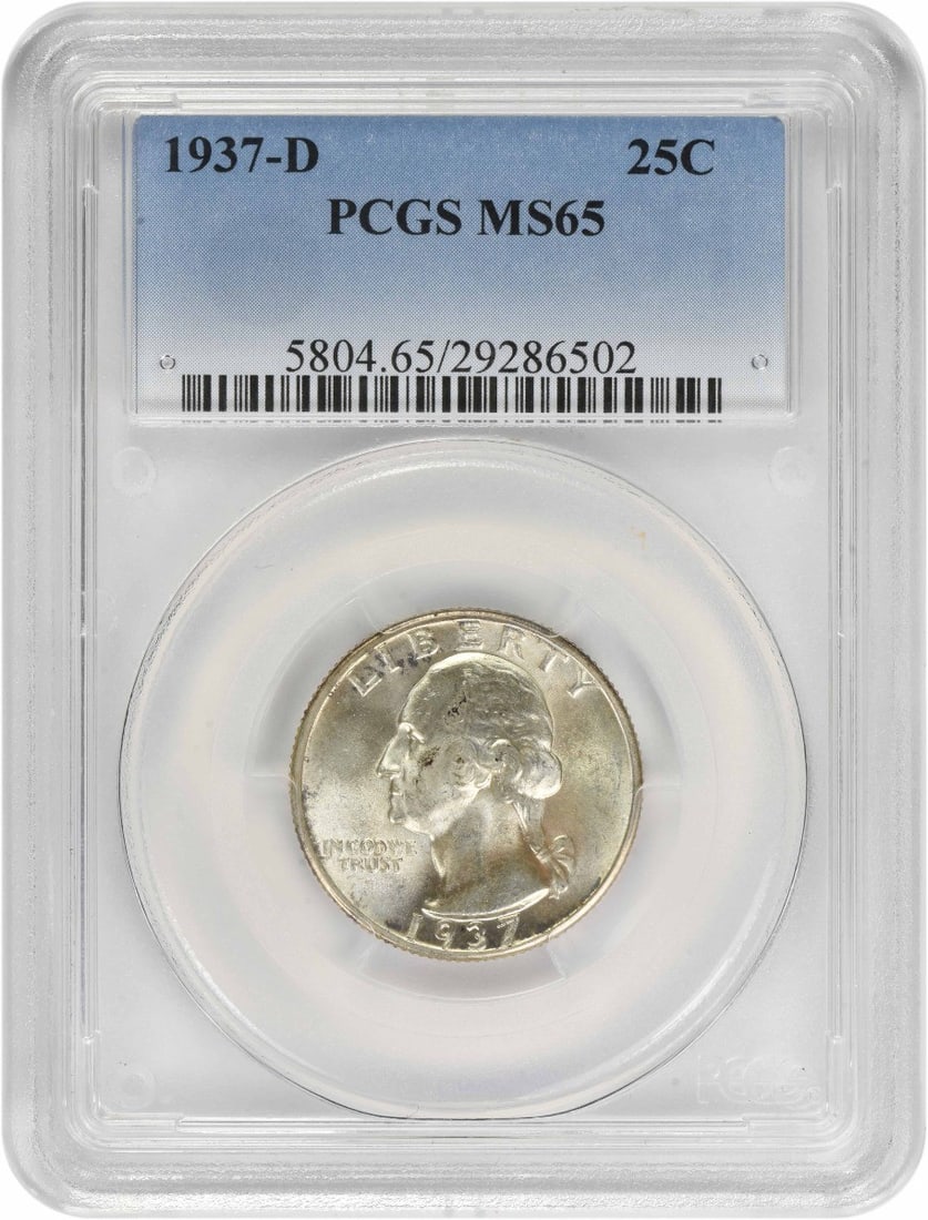 PCGS MS65 1937-D Silver Washington Quarter: PCGS MS65 1937-D Silver Washington Quarter This is a 1937-D Washington Silver Quarter graded MS65 by PCGS. The coin is uncirculated and features the 'D' mint mark. It is composed of silver and represe